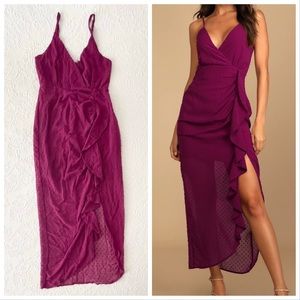 NWOT Lulus For Us to Dance Magenta Swiss Dot Ruffled Midi Dress Medium